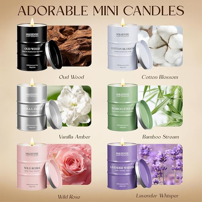 M&SENSE Spring Candle Gift Set | Mini Scented Candles Set | 6 Pack Candles for Home Scented,Oud Wood,Cotton Blossom,Vanilla Amber,Bamboo Rose Lavender Candle,Gift Set for Women,21 oz 105 Hour