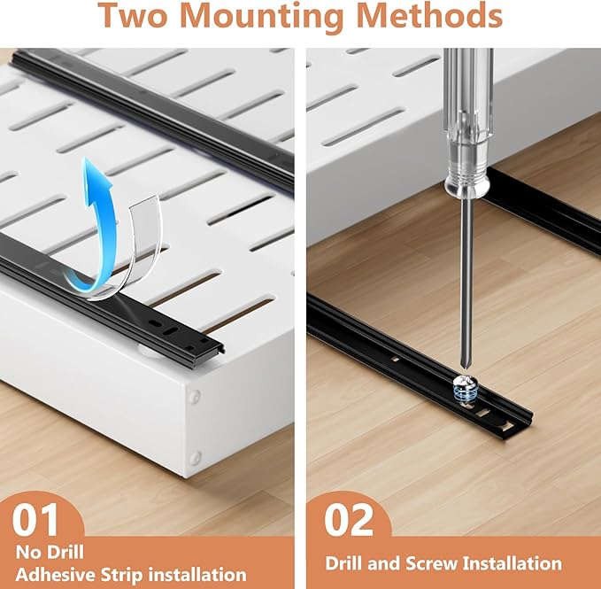 2 Pack Pull out Cabinet Organizer, Width (10"-15") Depth (11"-17"), with 3 Rails Adjustable Slide, Expandable Drawers for Cabinets, No Drill Adhesive Kitchen Drawers for Pantry Shelves white