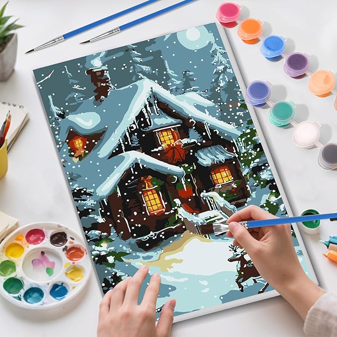 Skyboda Christmas Paint by Numbers Kit for Adults Beginners with Frame, Landscape Adult Paint by Number Kits on Canvas, Easy DIY Oil Painting Kits for Home Decor, 8x12in