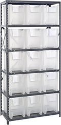 Quantum Storage Systems QSBU-600CL Clear-View Giant Stack 6-Shelf Steel Shelving Unit, 18" x 36" x 75" with 15 QGH600CL and 6 QGH800CL Bins, Clear