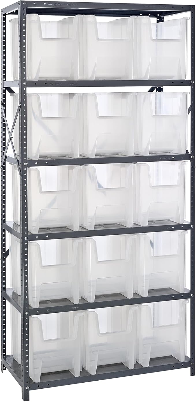 Quantum Storage Systems QSBU-600CL Clear-View Giant Stack 6-Shelf Steel Shelving Unit, 18" x 36" x 75" with 15 QGH600CL and 6 QGH800CL Bins, Clear