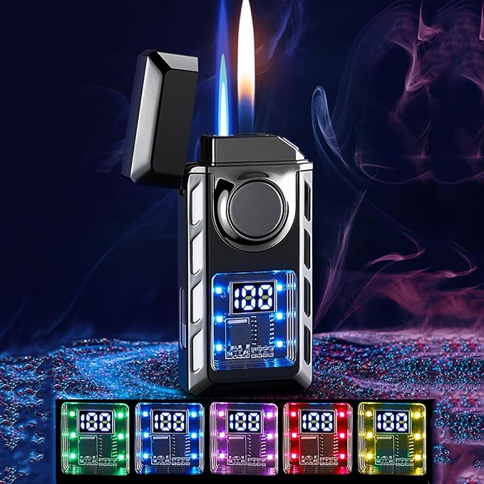 Smart Display Dual Flame Torch Lighter, Transparent Core Electric Lighter with LED Display, Butane Refillable & Type-C Charging, Windproof Jet Flame & Soft Flame Lighter (Without Butane)-Rainbow Ice
