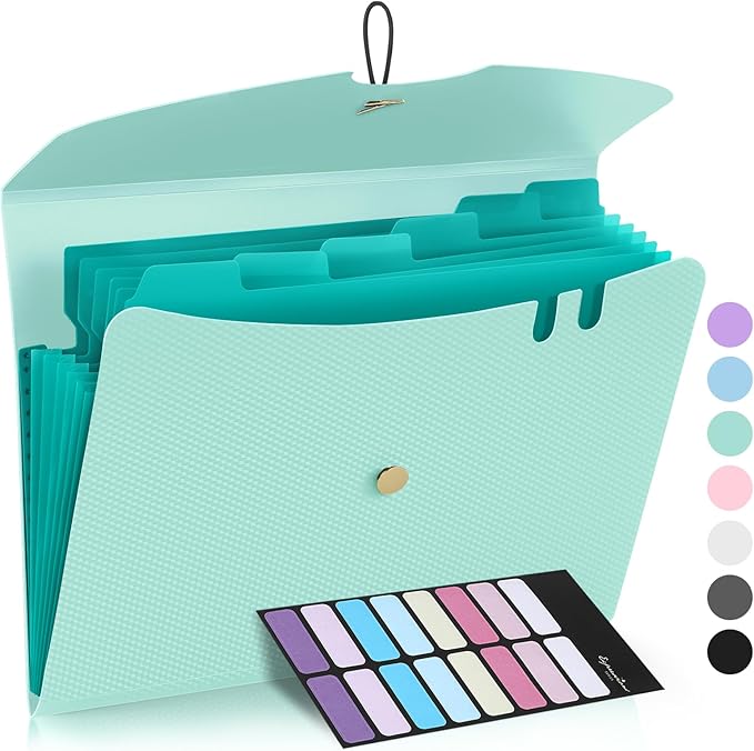 Sooez 7 Pocket Expanding File Folder, Premium Accordion File Organizer, Letter Size Folders for Documents, Sleek Filing Folders with Bungee Closure, Portable Folders for School Office Supplies, Green
