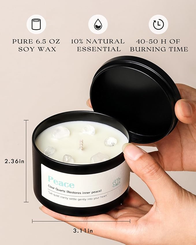 AOOVOO Crystal Calm Candles Set for Women - 4 Pack 26 oz Soy Wax Candles for Home Scented, 200 Hour Long Lasting Candle, Peace Clear Quartz/Tranquility Kyanite/Calm Amethyst/Serenity Lapis Lazuli