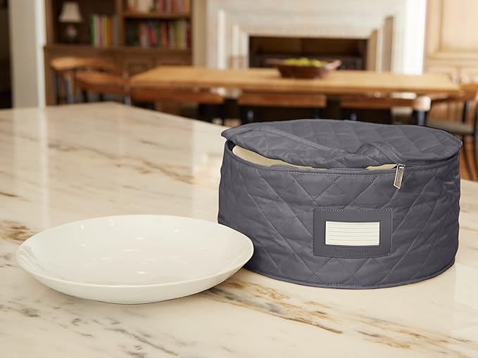 Covermates Keepsakes Dish Storage Case – Padded China & Dinnerware Organizer, Quilted Polyester Protection, ID Window, Zipper Closure, Machine Washable, Slate