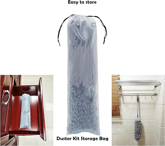 Microfiber Duster with Telescoping Extension Pole(30-100 Inches) Kit, 4 Cleaning Head and 1 Mini-Duster. Reusable, Bendable, Washable Feather Dusters for Cleaning Fans Cobwebs Ceilings Blinds