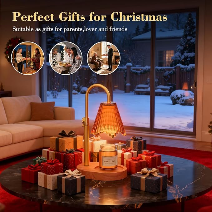 Candle Warmer Lamp with Adjustable Height - Flameless 4-Level Dimmable Wax Warmer with Colorful Glass Shade & Wooden Base, Timer Function & Stylish Design in Multiple Colors (Brown2)