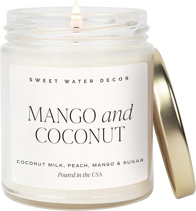 Sweet Water Decor Mango & Coconut Soy Candle - Pineapple, Mango and Orange Scented Summer Candles for Home - 9oz Clear Jar + Gold Lid, 40+ Hour Burn Time, Made in The USA