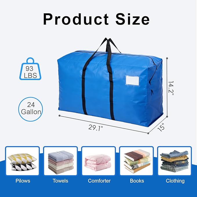 2 Pack Heavy Duty Moving Bags with Backpack Straps & Handles, Large Storage Bags with Zipper for Clothes, College Moving Supplies and Dorm Essentials (24 Gal, Blue)