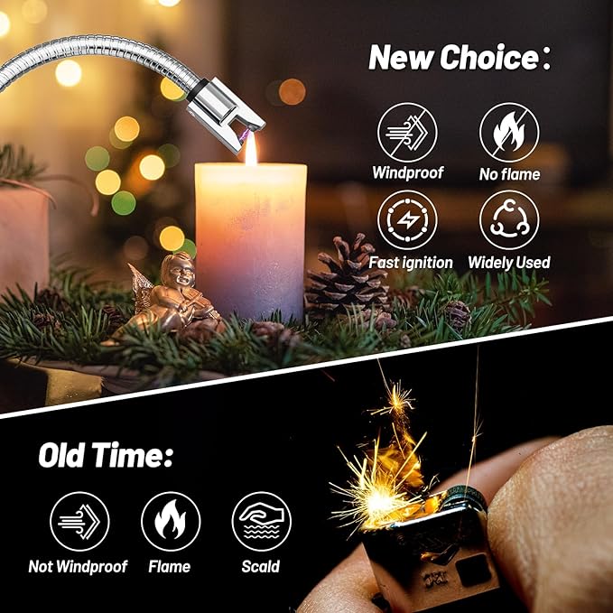Electric Candle Lighter, Safty Lock, Long Flexible Neck, USB Type-C Port, Rechargeable Lighter, Windproof Flameless, Led Display, for Home Kitchen (Black)
