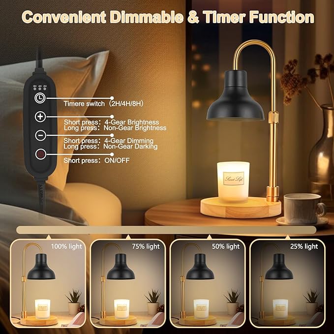 Candle Warmer Lamp with Timer & 3 Bulbs, Dimmable Electric CandleLight Adjustable Height and Brightness Candle Wax Warmer for Jar Candles Bedroom Home Decor House Warming Gift for Women (Black)