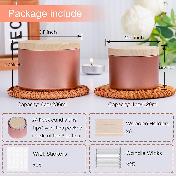 CONNOO 24 Pack Candle Tins, 12pcs 8 OZ & 12pcs 4 OZ Rose Gold Jars with Metal Wood-Grain Lids, Bulk Empty Containers for Candle Making, Wick Kit Included