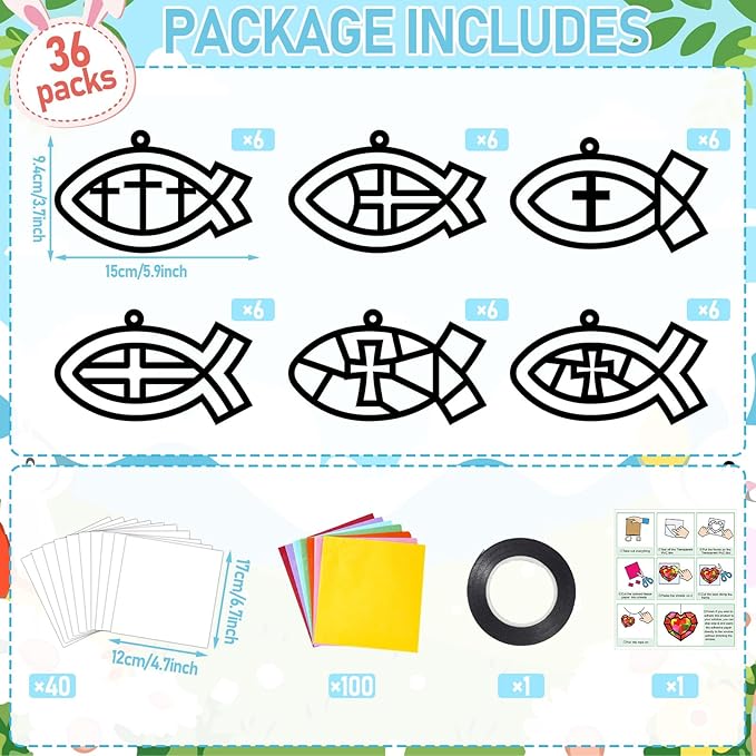 Qyeahkj 36 Set Christian Jesus Cross Fish Suncatchers Crafts for Kids DIY Religious Faith Fish Window Tissue Paper Craft Kit VBS Hanging Decor for Summer Sunday School Home Activity Church Art Project