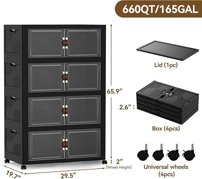 SAILUN 674QT/168Gal Stackable Storage Bins with a Lid, Collapsible Storage Bins With Doors, Folding Cabinet for Home Closet Organization,4 Pack-30 W x 19.7" D x 65.9" H Black