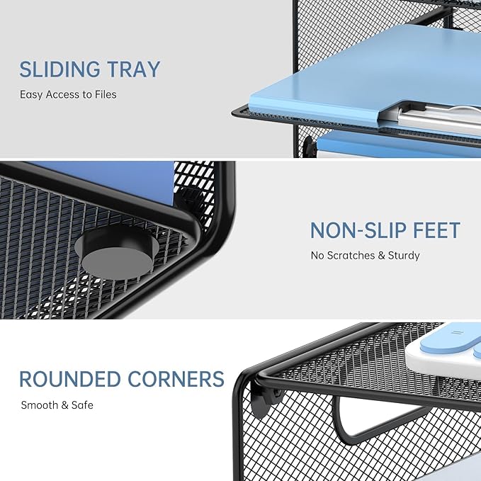 Daltack 3-Tier Paper Organizer with Handle, Mesh Desk Organizer Letter Tray, Paper Tray Organizer File Organizer for A4 File Folder, Black, 2 Pack