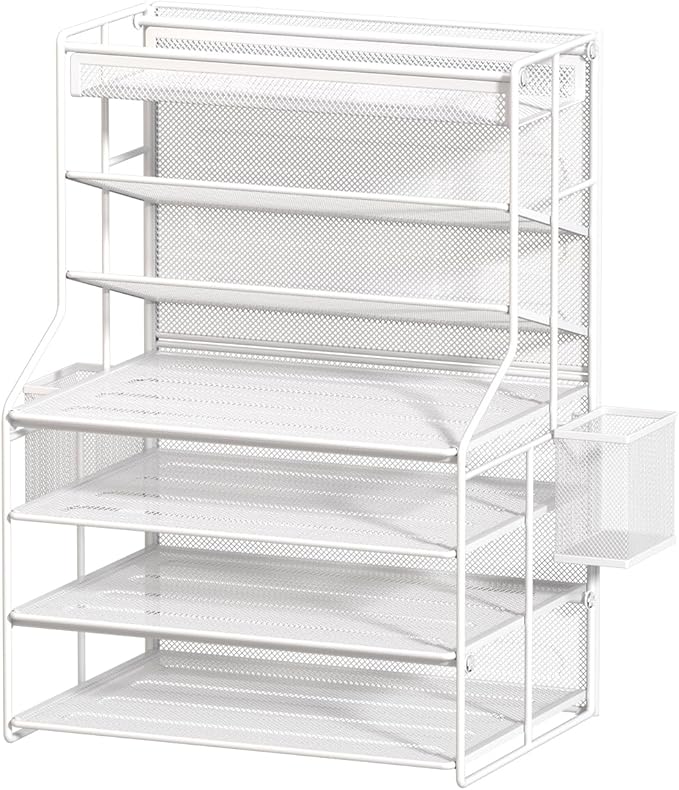 7 Tier Desk File Organizer – Vertical File Organizer for Desk with Removable Pen Holder & Adjustable Drawer – Metal Document Organizer for Office, Simple Trending Design – White
