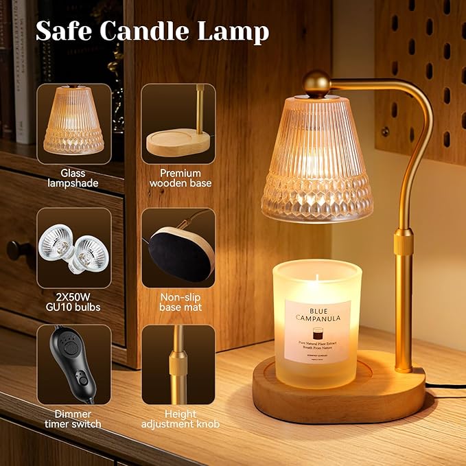 Candle Warmer Lamp, Adjustable Height & Dimmable, Candles with Timer, 2H/4H/8H Auto Off, Safe Flameless Night Light for Home Decor, Bedroom, Office, Christmas Birthday Gift for Women & Men