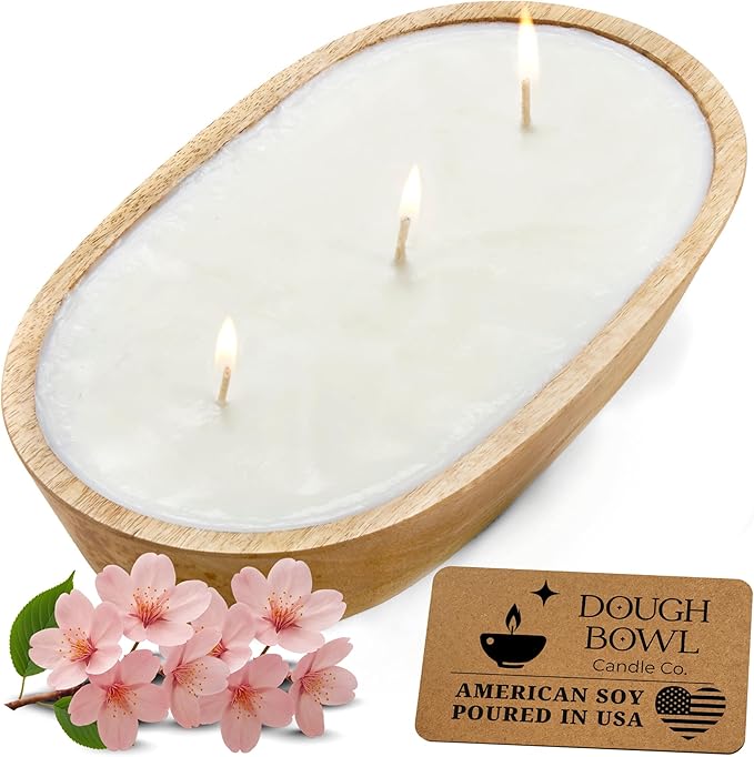 Dough Bowl Candle Co. Cherry Blossom and Citrus Soy Candle - 3 Wick Rustic Farmhouse Decor Odor Eliminator in Wooden Bowls, 20 Ounce Wooden Dough Bowl Candle, All-Natural Gifts for Women and Men