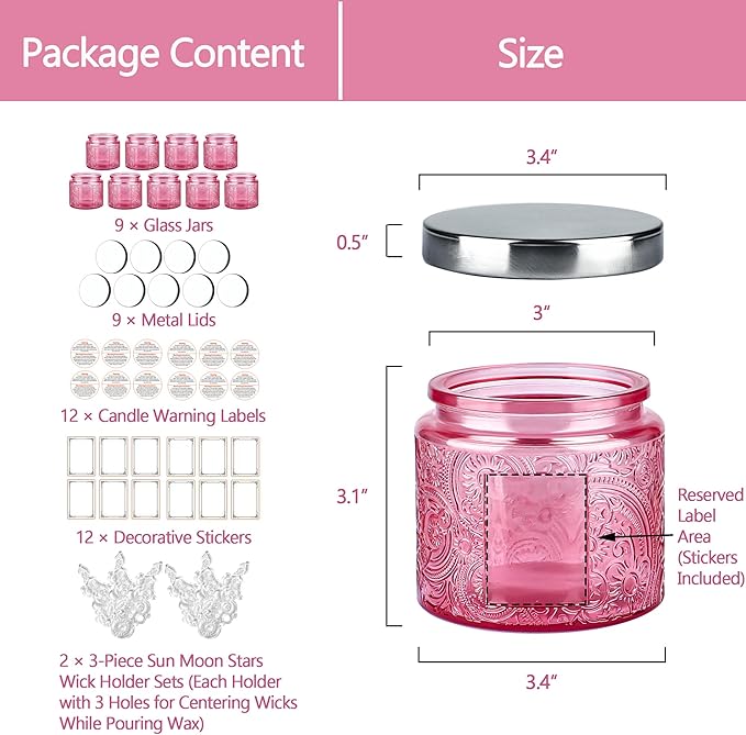9-Pack 10 oz Sun Moon Star Embossed Glass Candle Jars with Mirror Lids and Labels - Unique Pink Candle Containers with Lids for Candle Making