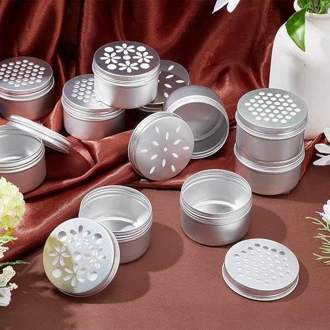 PH PandaHall 12pcs Aluminium Tins, 3 Style 4 Ounce Round Empty Metal Tins with Hollow Lids Refillable Spice Containers for Aromatherapy Air Freshener Candles Travel Storage, 2.7x1.6inch