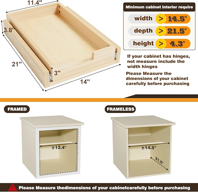 Pull Out Cabinet Organizer, 14''W×21''D Sliding Drawers for Cabinets, Soft Close Slide Out Wooden Pull out Drawers, Base Cabinet Organization for Kitchen, Pantry, Bathroom