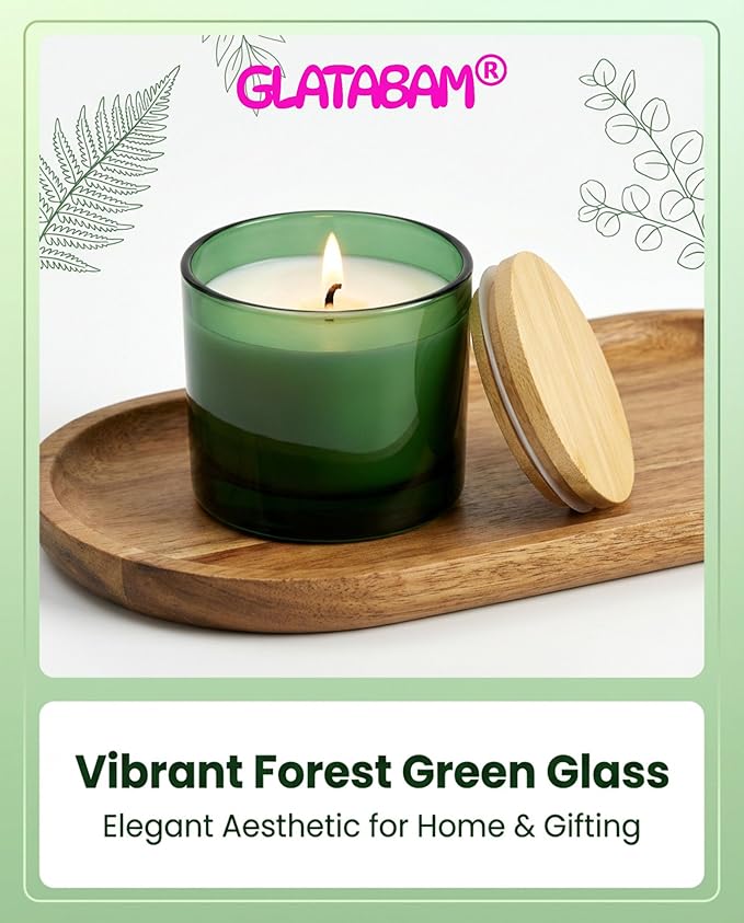 GLATABAM 4 OZ Candle Jars 12 Pack - Bulk Glass Candle Making Jars with Bamboo Lids & Labels, Heat Resistant Empty Reusable Candle Vessel for Containers(Green)