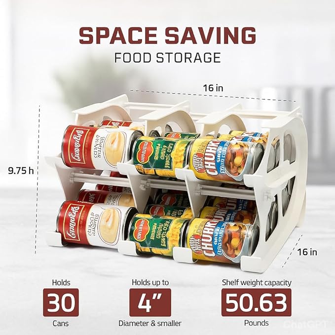 FIFO Can Tracker 2-Pack - 2-Tier Rotating Food Can Organizer for Pantry, Expandable Soda Can Storage for Kitchen, Holds 30 Cans of Food or Soda