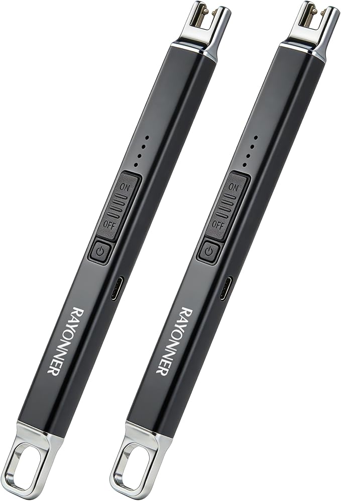 RAYONNER Electric Candle Lighter Rechargeable USB-C Plasma Arc Lighter with Hanging Hook Windproof Flameless Igniter for Camping Grill Home Decor Gifts (2 Pack - Black)