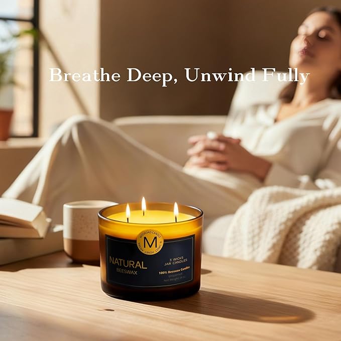 3-Wick Beeswax Candles in Jar, Natural Beeswax Candles in Amber Glass for Air Purification, Honey Aroma Jar Candle for Home Scented Decor, Gift for Women & Men, Fragrance Free, Paraffin Free
