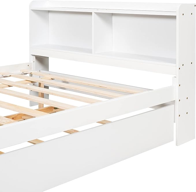 Harper & Bright Designs Full Size Captain Bed with Trundle and Bookcase Headboard, Wooden Full Platform Bed Frame with Storage Bookself, Trundle Bed Under for Kids Girls Boys, White