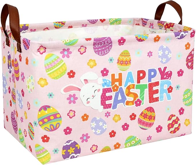 Pink Easter Basket for Kid Large Empty Baby Rectangular Cute Easter Gift Storage Basket Bunny Eggs Décor (Pink Rabbit Flower)