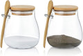 Joeyan Glass Jar with Airtight Bamboo Lid and Spoon Attached, 12 oz Salt Sugar Spice Seasoning Container, Clear Condiment Pot, Glass Food Storage Canister for Kitchen Countertop Pantry, Set of 2