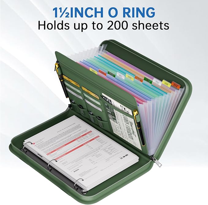 Fireproof Accordion File Organizer with Handle, 13 Pocket Expanding File Folder with Zipper & Labels, File Folder with 3 Ring Binder, Multi Pockets Paper Organizer Folder for Letter A4 Files (Green)