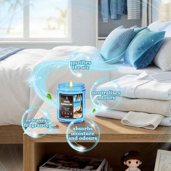 Coconut Beach Odor Eliminating Highly Fragranced Candle, Eliminates 95% of Living Room, Bedroom, Bathroom and Other Smells Quickly, Air Freshing Scented Candles, Soy Candle Gifts for Women Men, 7oz