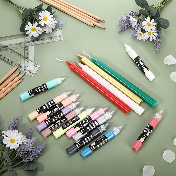 Conelist 24 Pcs DIY Candle Painting Kit with 12 Pcs Holiday Color Tape Candles and 12 Candle Wax Pens for Family Crafts Birthday Christmas Party Favors