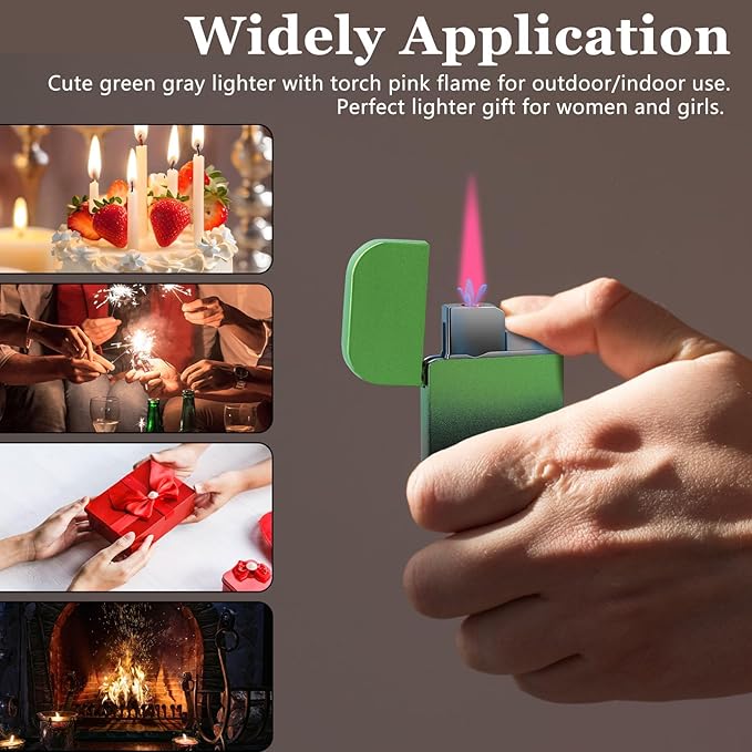 2 Pack Pink Flame Torch Lighter,Cute Lighter,Refillable Butane Lighter, Windproof Torch Lighter for Outdoor Camping BBQ Candle,Nice Gift for Women Girls on Birthday,Anniversary Green Without Butane
