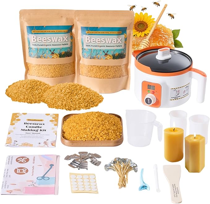 Beeswax Candle Making Kit, 2LB Beeswax Candle Making Supplies with Electric Wax Melter, 100% Organic Beeswax Pellets for Lip Balm, Lotion, Furniture Polishing & Soap Making Ideal for Home Craft