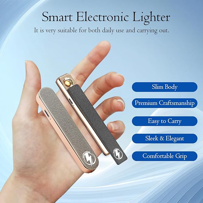 Slide Electric Lighter - Rechargeable Small Sized Rose Gold & Matte Black, Minimalist & Concealable, Flameless & Windproof, for Women & Men Stocking Stuffer