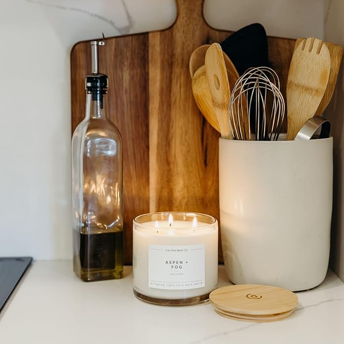 Calyan Wax Co. Aspen & Fog 3 Wick Scented Candle - 43 Hour Burn - Luxury 3 Wick Soy Candles - Non Toxic Soy Wax Candles - Long Lasting Large Glass Jar Candle for Home - 14.9oz