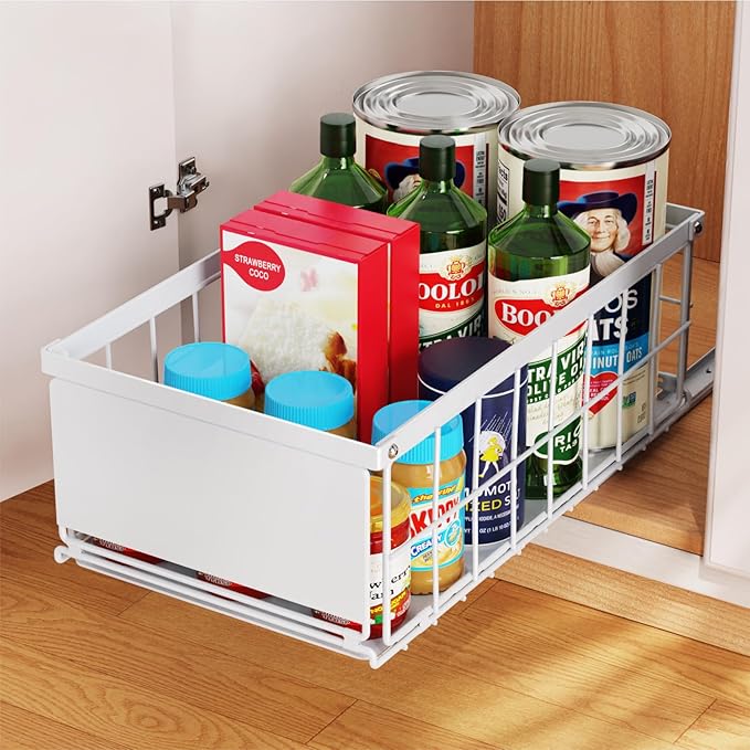 iSPECLE Pull Out Cabinet Organizer, Adhesive Slide Out Drawers with 6.9" High Sides, No Drill Under Cabinet Storage Shelves for Kitchen Pantry, Heavy Duty Smooth Gliding Rolling Tray, White