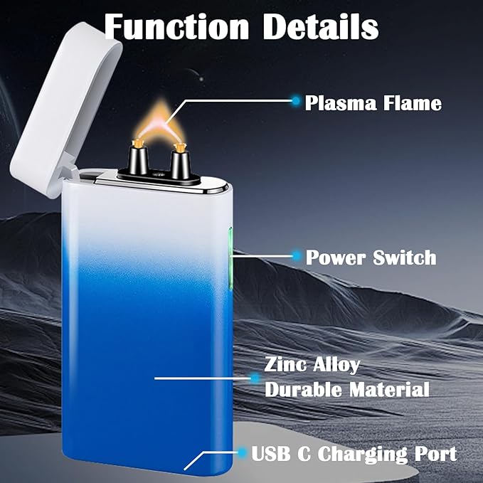 Plasma Lighter Rechargeable USB C Electric Torch Lighter Big Arc Electric Lighters Dual Flame Cool Lighters with Upgrade Battery Safety Switch for Candles, Fireworks, Incense (BlueWhite)