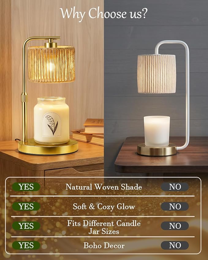 Candle Warmer Lamp, Timer Dimmable Candle Lamp, Adjustable Height and Brightness Gold Candle Warmer, Boho Rattan Lampshade and 2 Bulbs, Suitable for Home Decor, Birthday Gifts for Women Mom