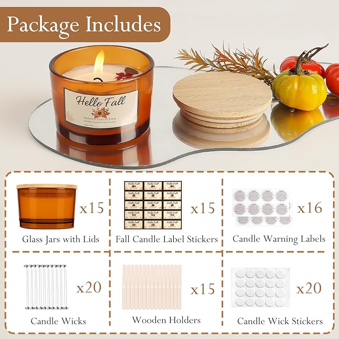 CONNOO 15 Pack 4oz Amber Glass Candle Jars with Bamboo Lids for Making Candles, Bulk Small Wide Mouth Glass Containers with Wick Kit for Candle Making, Ideal for DIY & Candle Business