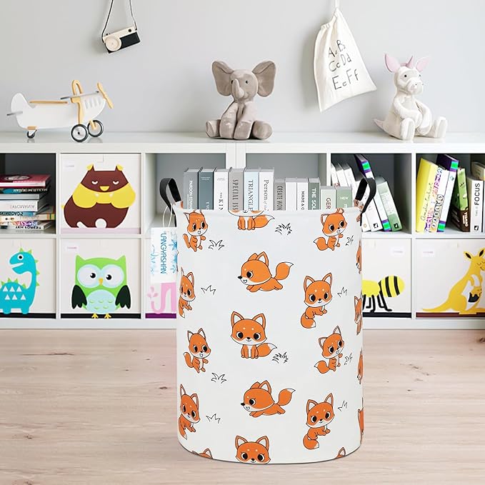 LANGYASHAN Laundry Basket Canvas Fabric Collapsible Organizer Basket for Storage Bin Toy Bins Gift Baskets Bedroom Clothes Children Nursery Hamper (Round Fox)