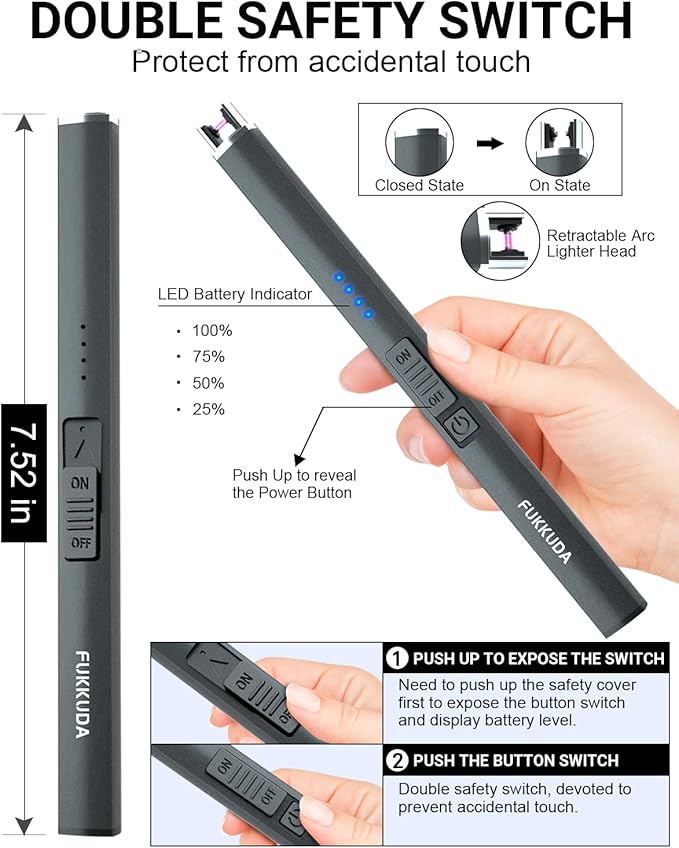 FUKKUDA Electric Candle Lighter with Safety Switch - USB Rechargeable Windproof & Flameless Plasma Arc Lighter for Easter Basket Stuffers (Space Grey)
