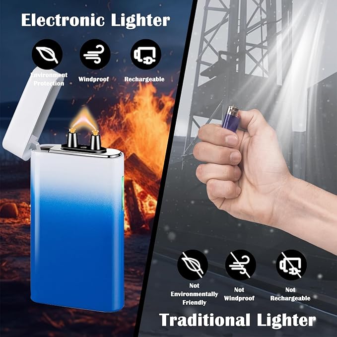 Plasma Lighter Rechargeable USB C Electric Torch Lighter Big Arc Electric Lighters Dual Flame Cool Lighters with Upgrade Battery Safety Switch for Candles, Fireworks, Incense (BlueWhite)