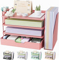 Kitsure Desk Organizer - 4-Tier Office Desk Accessories with Drawer ＆ Pen Holder, Tool-Free Assembly Organizer with Non-Slip Pads, for Office Supplies Storage, Plastic, 13.3" x 8.0" x 10.8", Pink