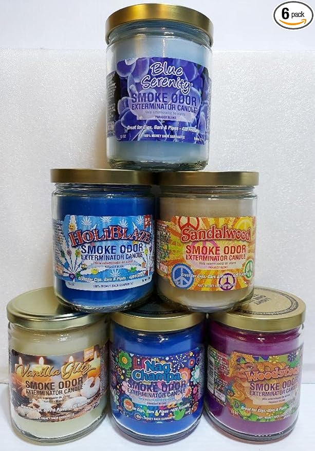 Smoke Odor Exterminator 13 oz Jar Candles Blue Serenity, Assortment (6) Includes Blue Serenity, HoliBlaze, Nag Champa, Vanilla Glitz, Woodstock & Sandalwood.