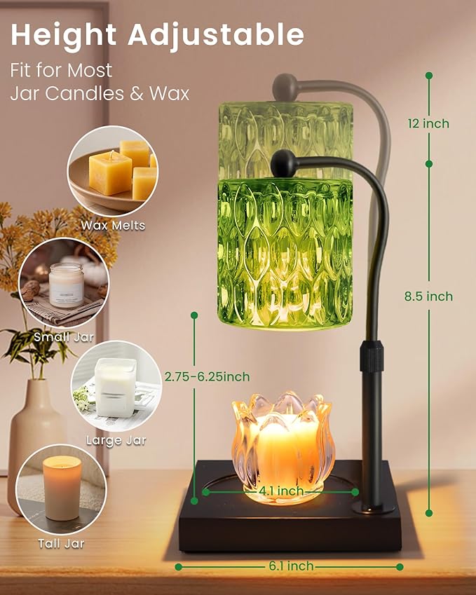 Candle Warmer Lamp Adjustable Height with Timer Dimmer, Dimmable Glass Wax Melt Warmer Light for Scented Jar, Present for Women Candle Lovers Christmas House Warming Home Decor Brithday, Green