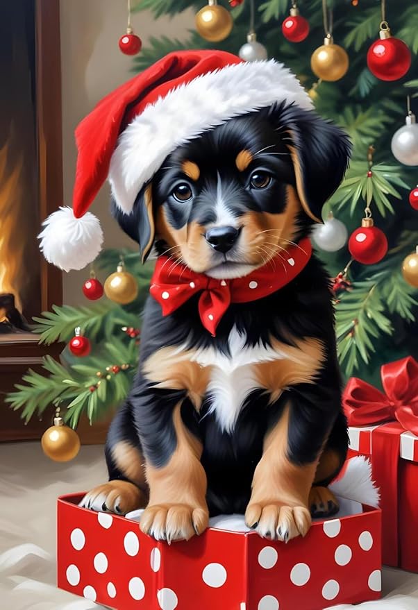 QZOTRXI Cute Dog Winter Diamond Painting Kits for Adults,Christmas Diamond Painting Kits,Round Full Drill Diamond Art Kits for Home Wall Decor 8x10 Inch